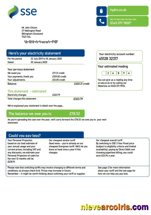 United Kingdom SSE Energy utility bill version 3